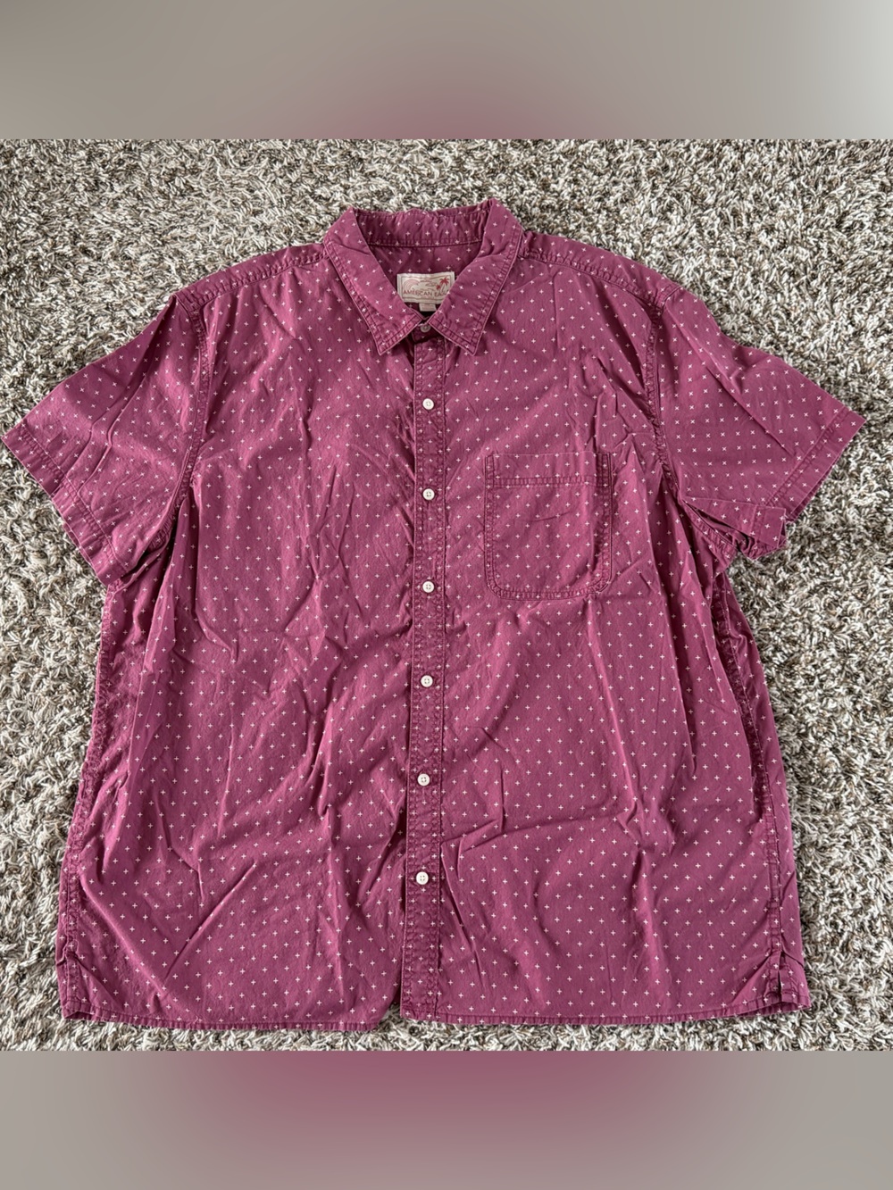 American Eagle Outfitters Short Sleeve Button-Up Shirt - Maroon with White Dots